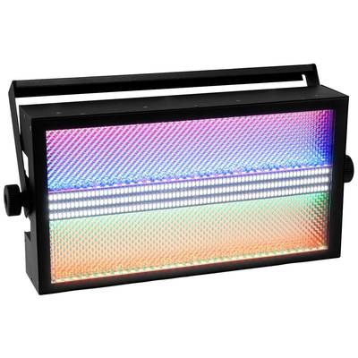 Black-framed LED light projector with luminous colours: Red, Blue, Green. Suitable for stage lighting and visual effects.