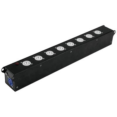 A black power distributor with eight sockets, blue power connector, and red switch on the side, mountable on a rack.