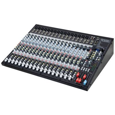 A large audio mixing desk with numerous faders and connections, used for sound mixing in professional audio applications.