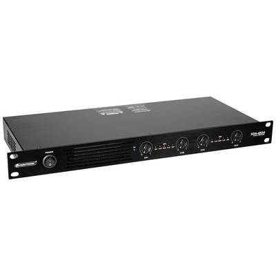 A black rack-mount audio device with four rotary controls and LED indicators for channels, power switch on the left side.
