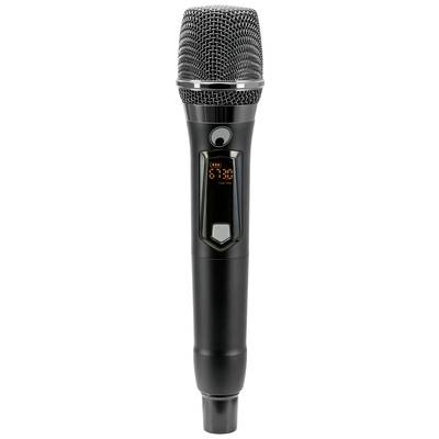 Black wireless microphone with digital display on the front. The display shows frequency information.