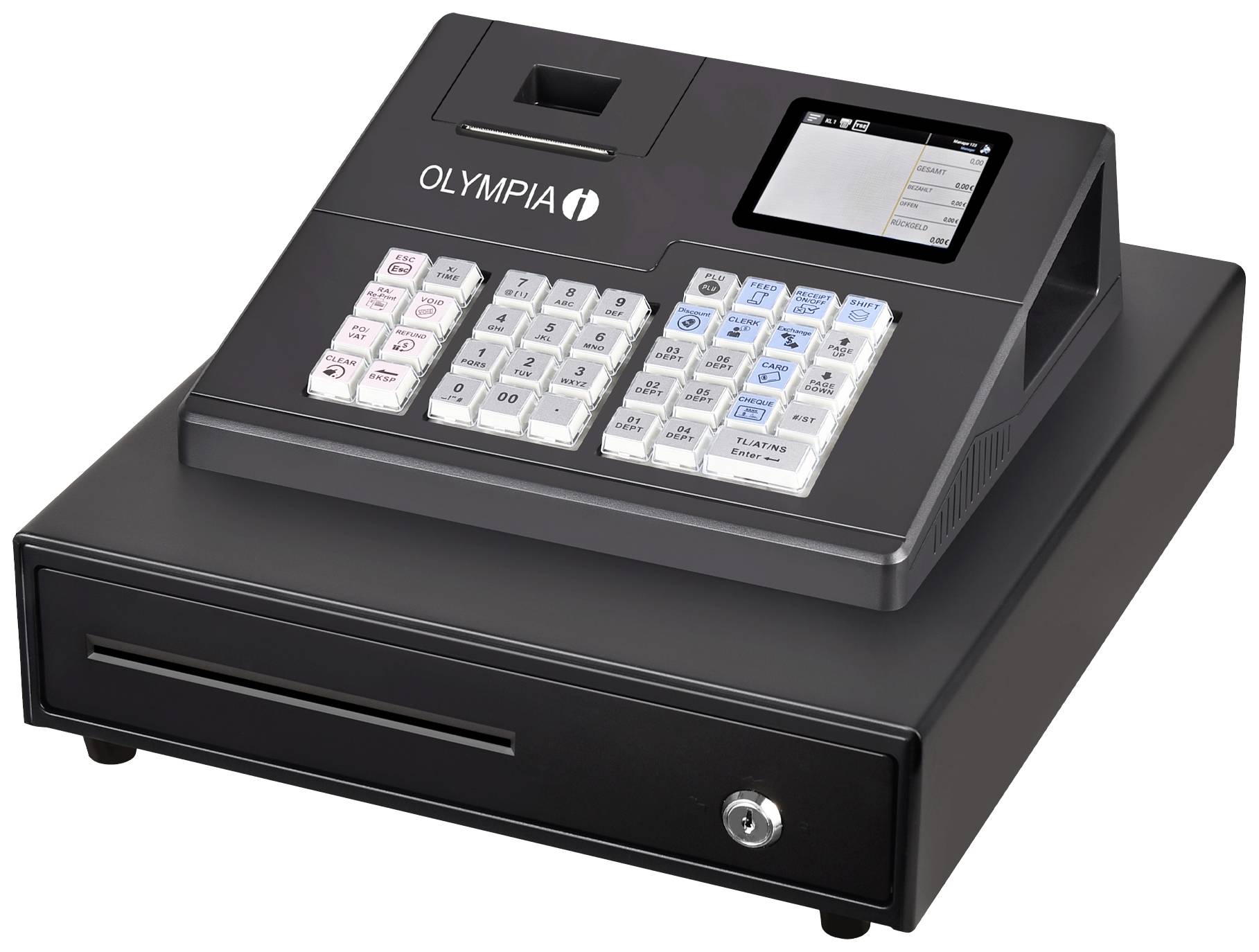 Cash register with keypad and display, suitable for use in retail for processing sales data.
