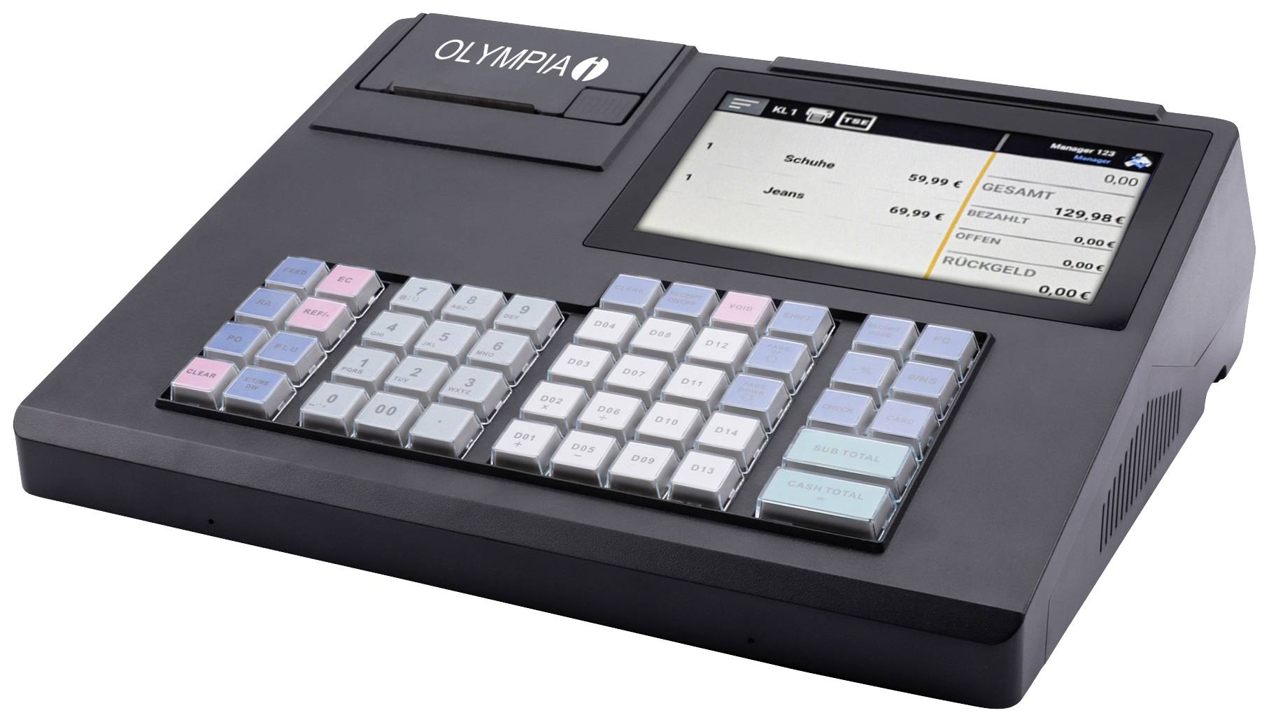 Electronic till with keypad and display; shows sales amount, names, and transaction details.