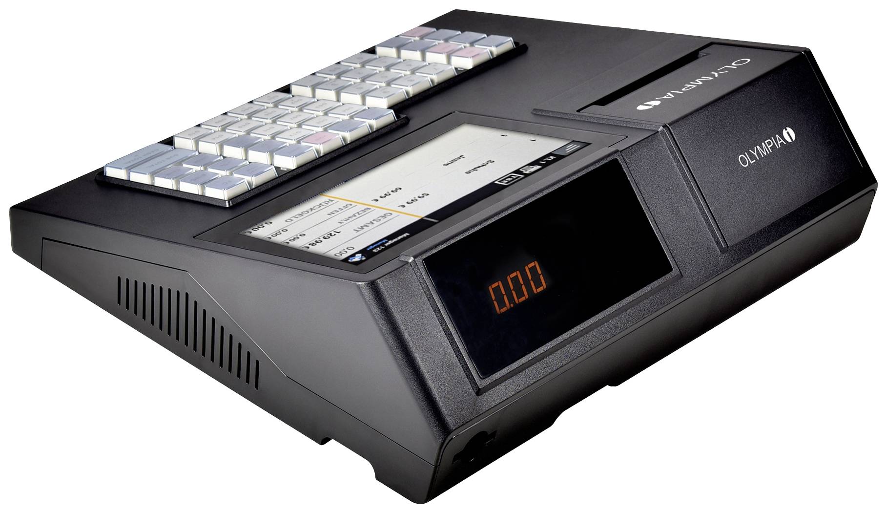 A black Olympia recording device with a numeric display and a keypad featuring blue and grey keys, viewed at an angle from the side.