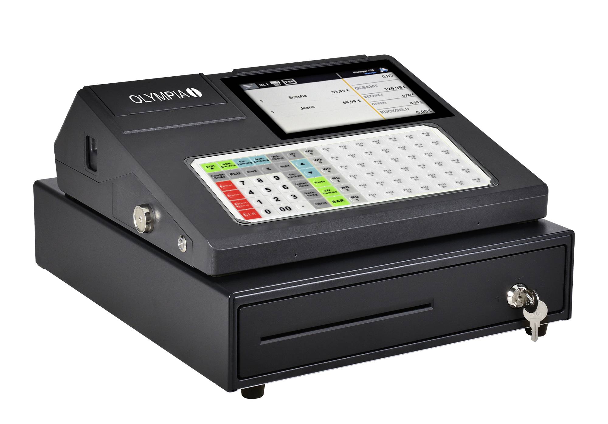 Electronic till with keypad and screen. Displays a sales display. Key hanging in the cash drawer lock.