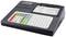 Electronic till with display. Shows transaction details, including item prices and total amount. Keypad for input.