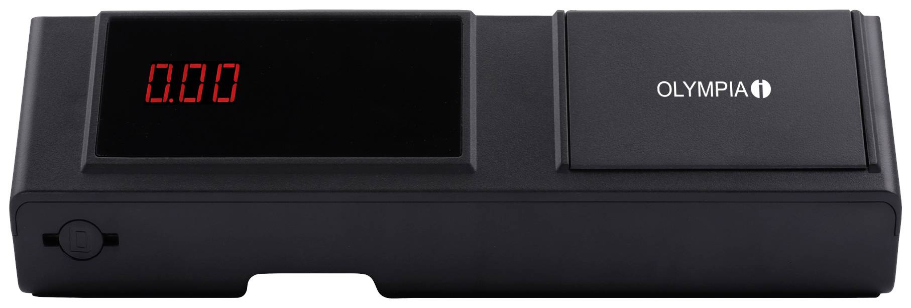 Black calculator with red LED display showing '0.00'. The 'Olympia' logo is positioned to the right.