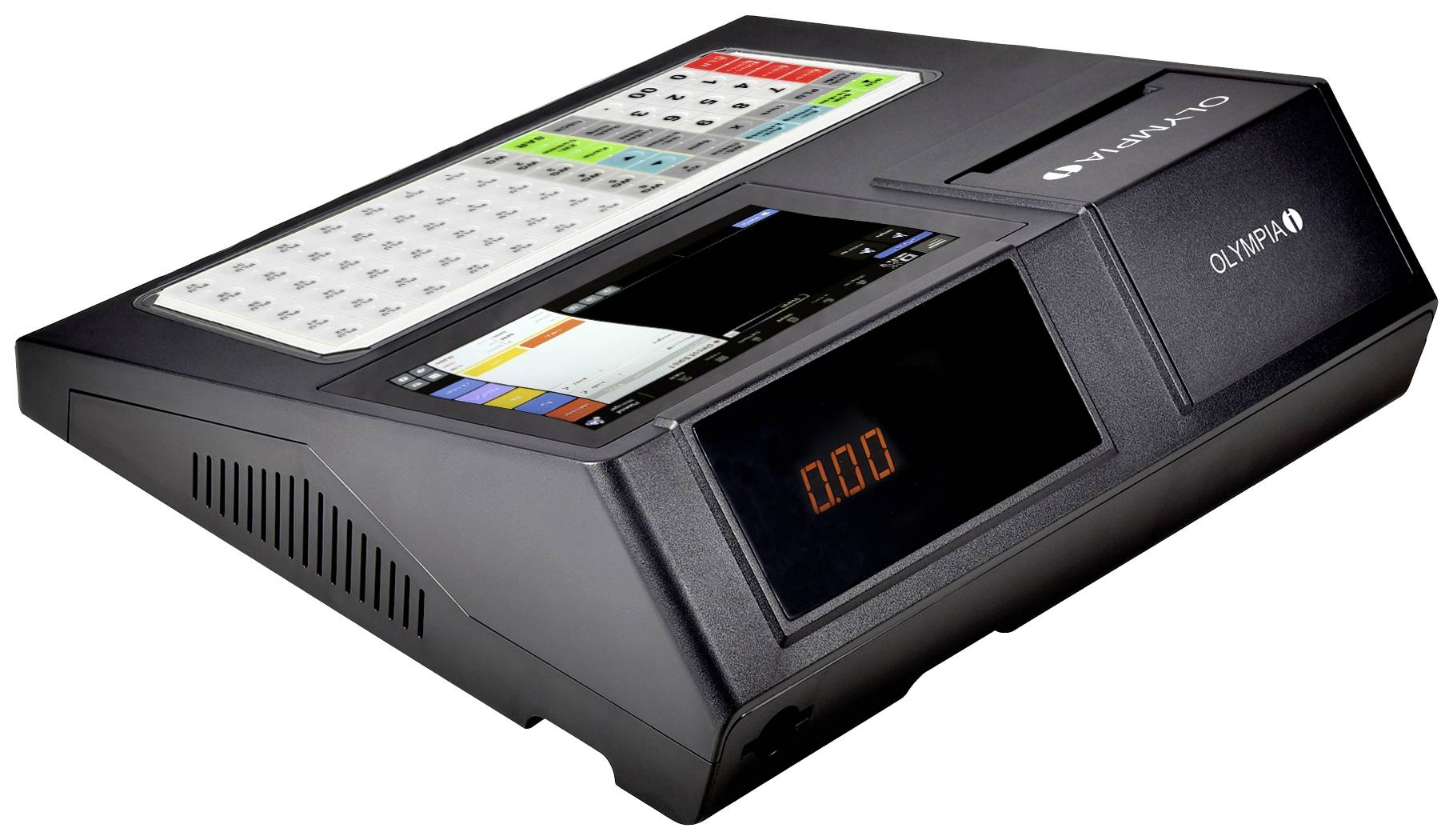 A digital voting device with a keypad, screen for vote counting, and user interface. Device by Olympia.