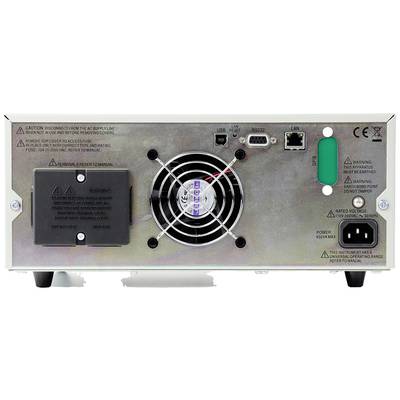 'Rear view of an electronic device with fan, power connection, USB, RS232 and LAN ports, along with safety instructions.'