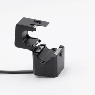 A black electric current sensor with an open clip mechanism and connected cable on a light background.