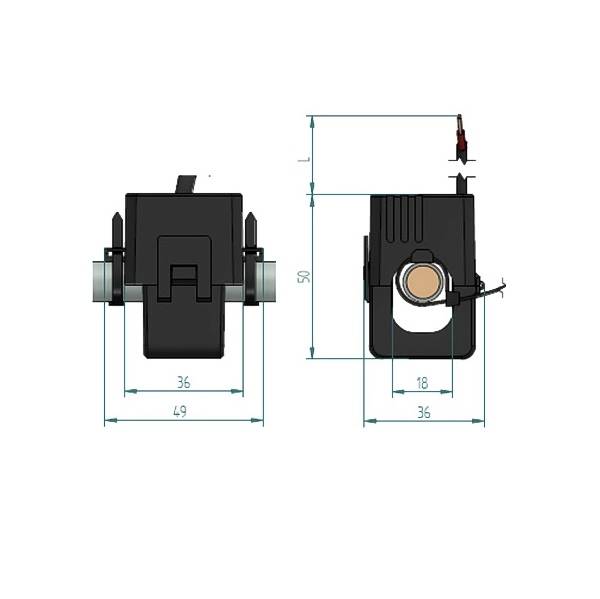 Technical drawing of component with dimensions: 36x49 mm in front view and 36x50 mm in side view, showing cable connection.