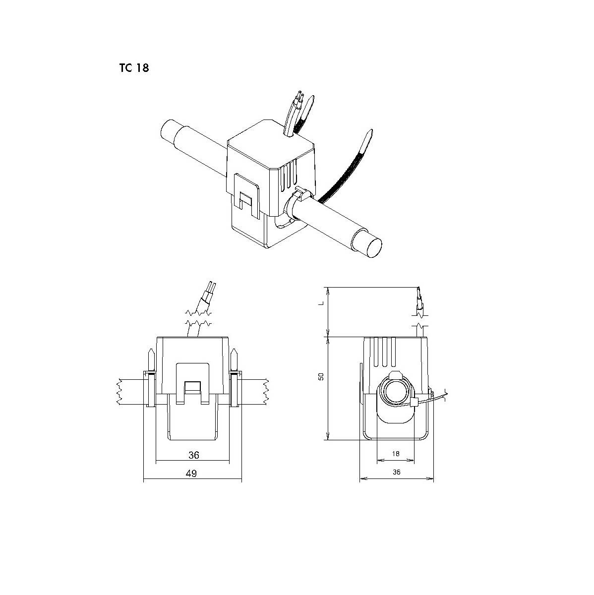 Technical drawing of a sensor, Model TC 18, with three views. Dimensions: Width 49mm, Height 58mm, Depth 35mm. Cable connections at the top.