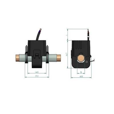 Technical drawing of a sensor with dimensions: Length 57.2 mm, Height 68.7 mm, Width 48.8 mm. Sensor has connections on the left and top.