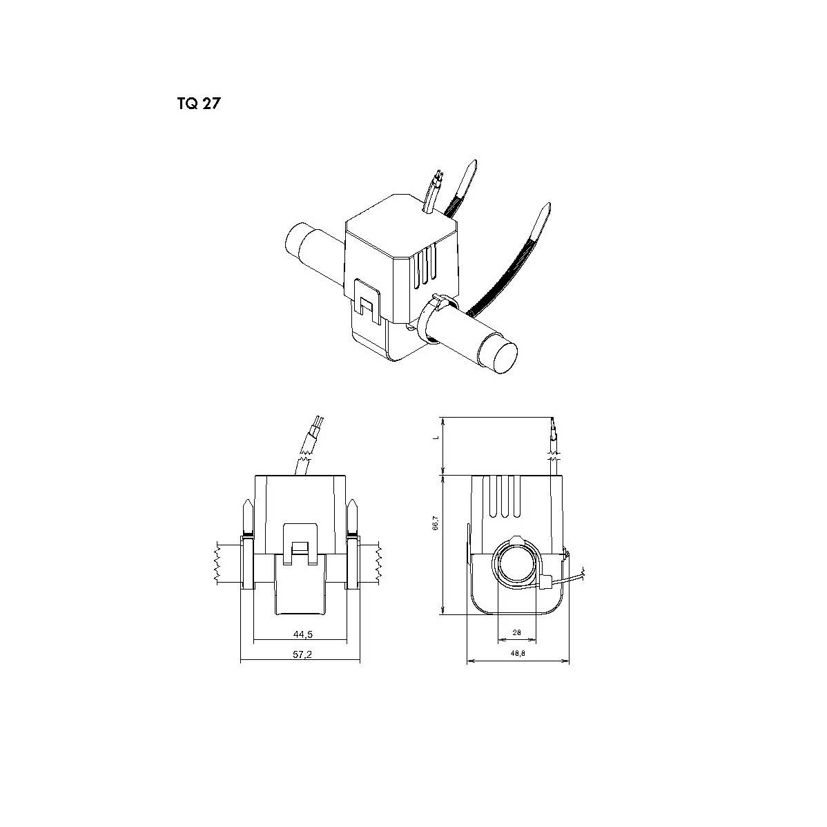 'Technical drawing of a device with dimensions: Width 57.7 mm, Height 44.5 mm, Depth 65 mm. Two cables mounted on top.'