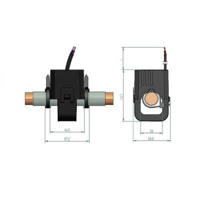 'Illustration of a water meter with dimensions: width 57.2 mm, height 85.9 mm. The meter shows connections and cable connection.'