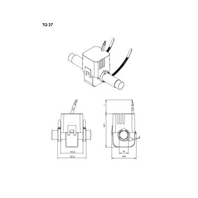 In the image is a technical drawing with three views of an electronic component, showing its connections and dimensions.