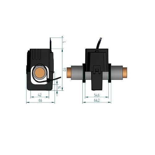 Technical drawing of a black valve with orange connections, showing front and side views with dimensional specifications.