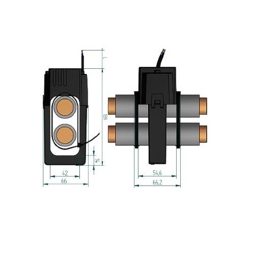 'Technical drawing of a device with dimensions: Width 62 mm, Height 66 mm, Side view 54.6 mm. Two tubular elements and cable connection.'
