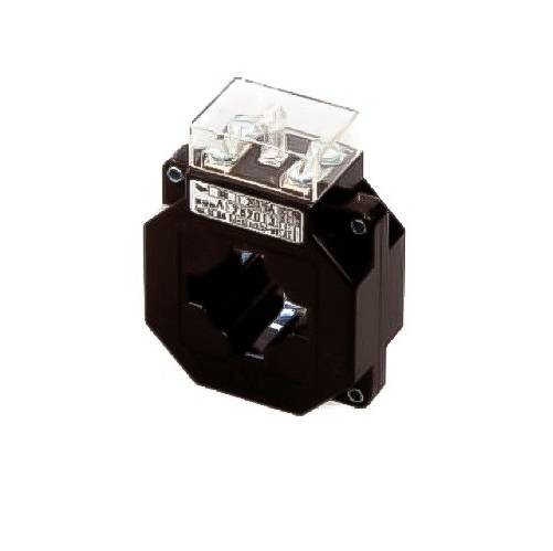 A black current transformer with a hexagonal base and transparent lid, used for measuring electrical currents in circuits.