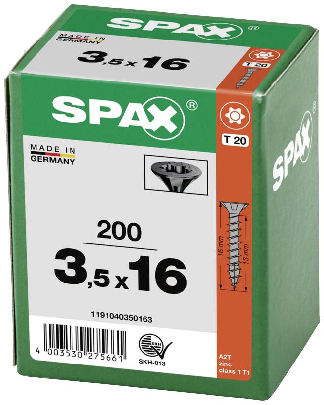 Cardboard box labelled 'SPAX'. Contains 200 screws, size 3.5 x 16 mm. Manufactured in Germany.