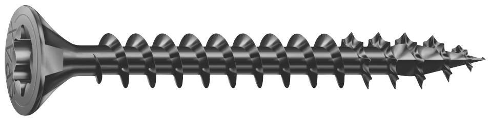 A black wood screw with countersunk head and sharp thread, suitable for wooden constructions.