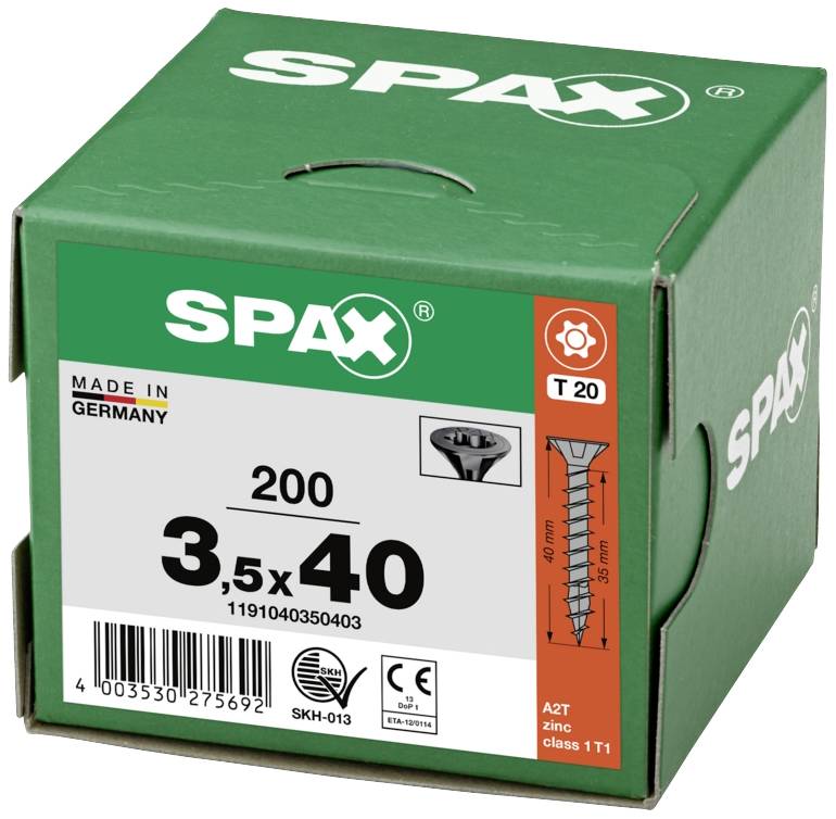 'Green packaging containing 200 SPAX screws, size 3.5x40 mm, Made in Germany, with T20 zinc plating, SPAX logo top left.'