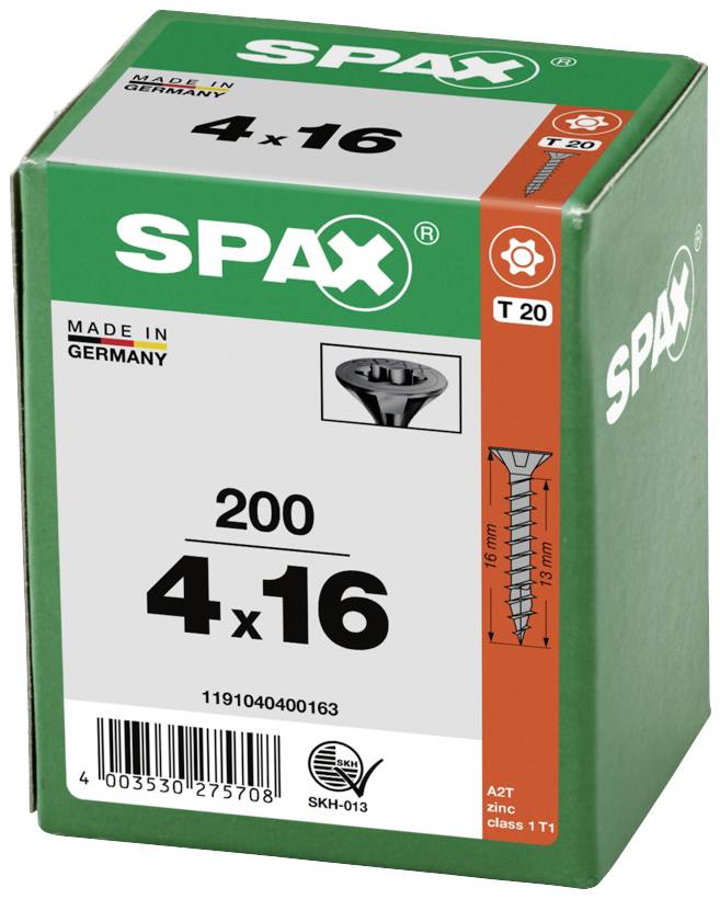 SPAX cardboard box with 'Made in Germany' inscription. Contains 200 screws, size 4 x 16 mm, T20 drive.