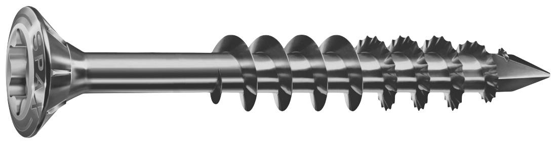 A large, silver countersunk screw with coarse threading, suitable for inserting into wood or similar materials.