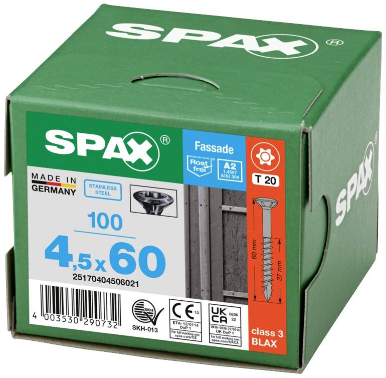 Green packaging with 100 SPAX screws, size 4.5 x 60 mm, stainless steel, for facades. Made in Germany.