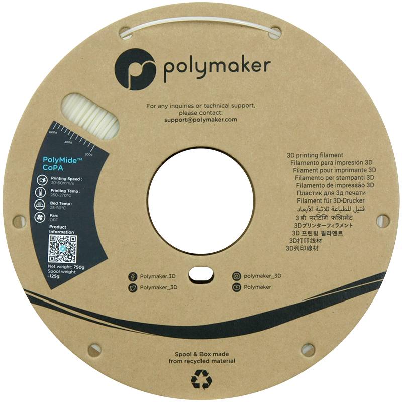 A brown spool with the Polymaker logo. Contains 3D printing material PolyMide™ CoPA. QR code and contact information visible. Made from recycled material.