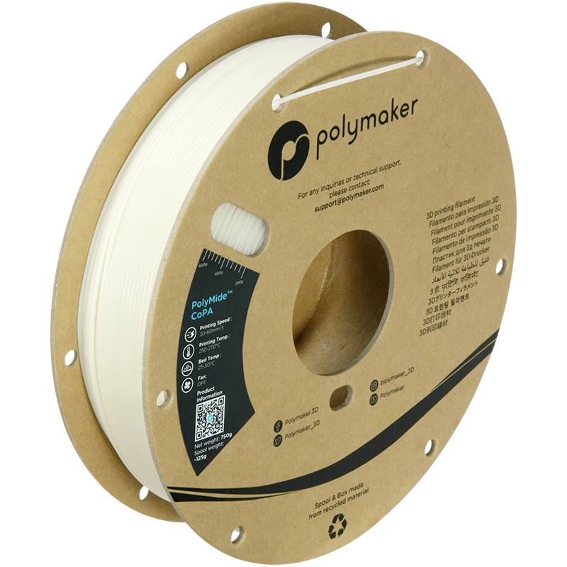 A reel of 3D printer filament from Polymaker, labelled 'PolyMide CoPA'. Contains a QR code and various languages.