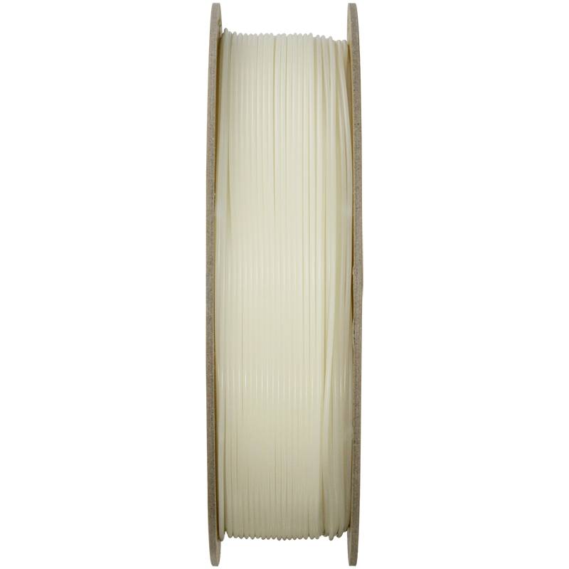 Spool of white 3D printer filament, side view.