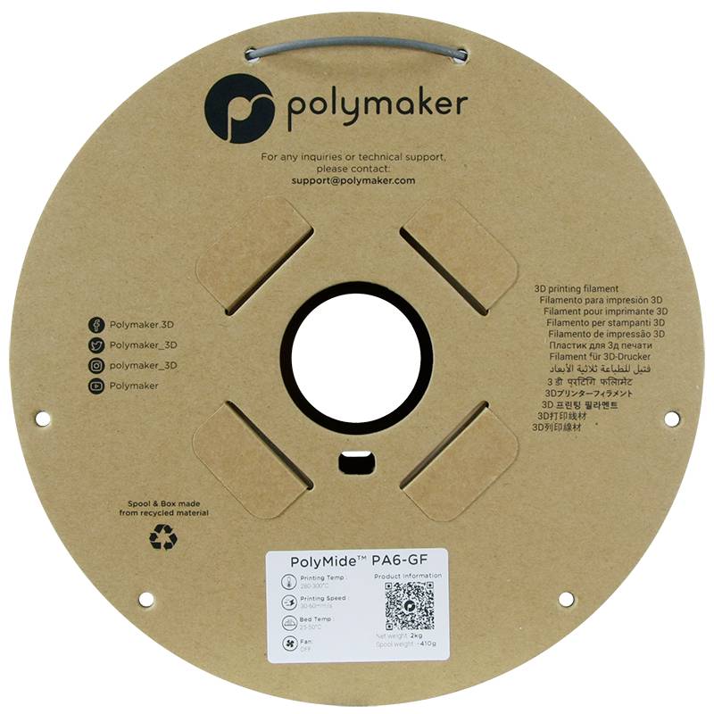Reel of 3D printer filament, brand 'Polymaker', model 'PolyMide PA6-GF', made from recycled materials, contact information on the reel.
