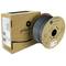A roll of grey Polymaker 3D printer filament next to its matching cardboard packaging.
