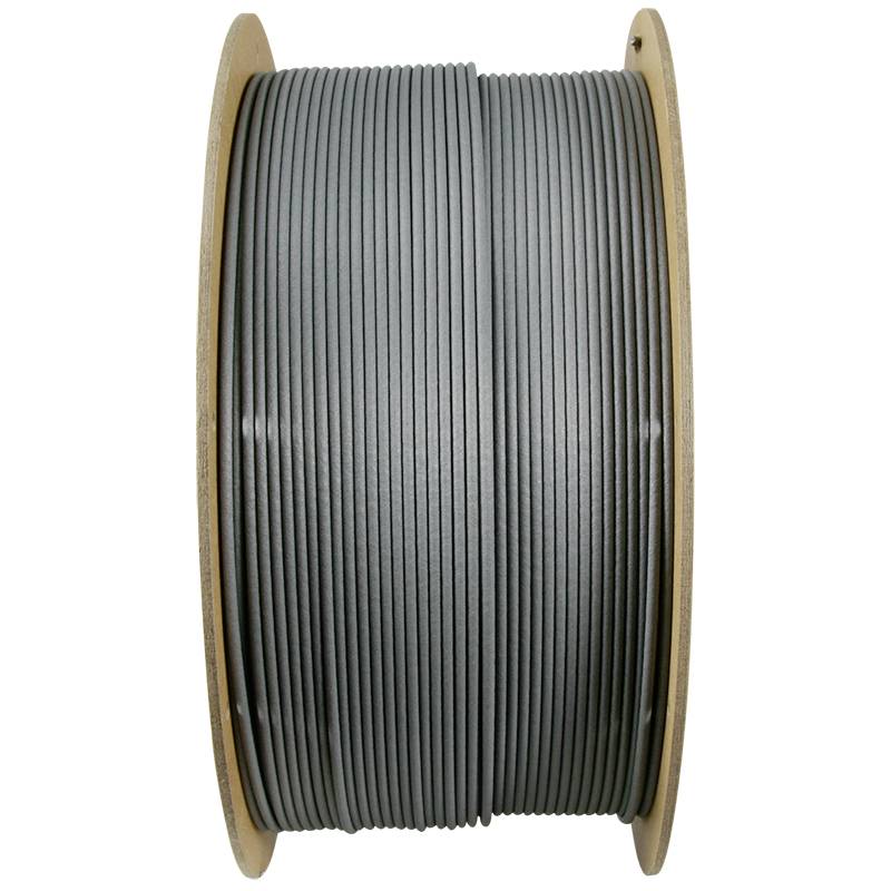 Large, cylindrical wooden spool with tightly wound, grey filament.
