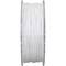 A roll of white 3D printer filament, evenly wound on a transparent plastic spool.