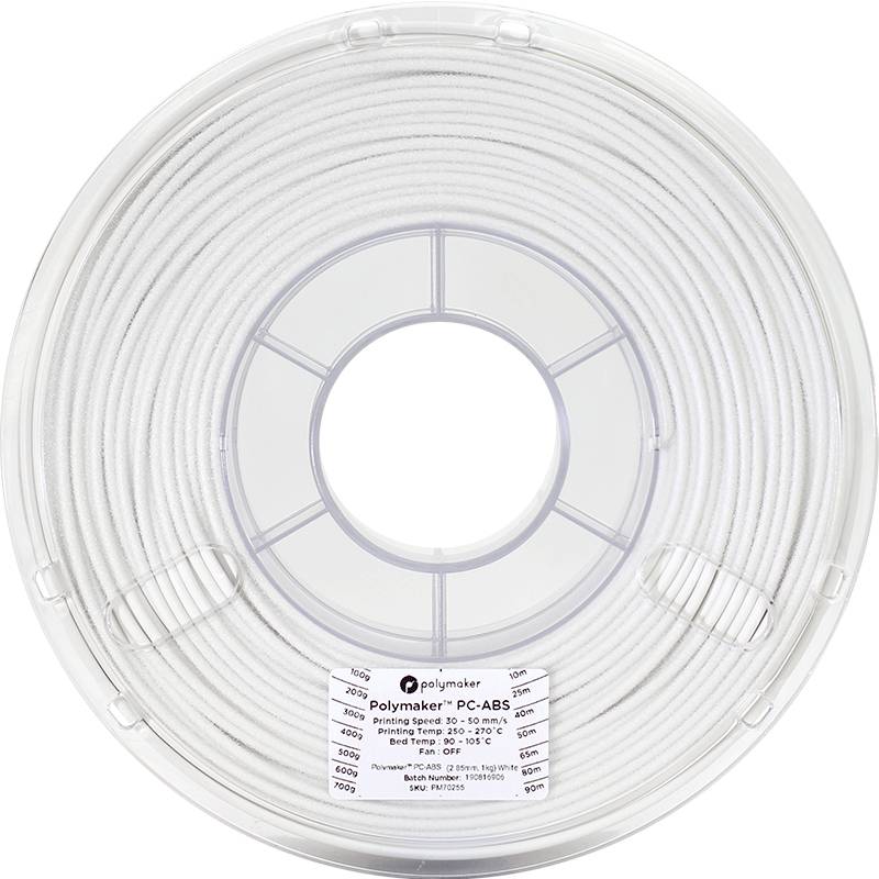 Translucent plastic spool with white 3D printer filament. Label shows material type 'Polymaker PC-ABS' and print temperature.