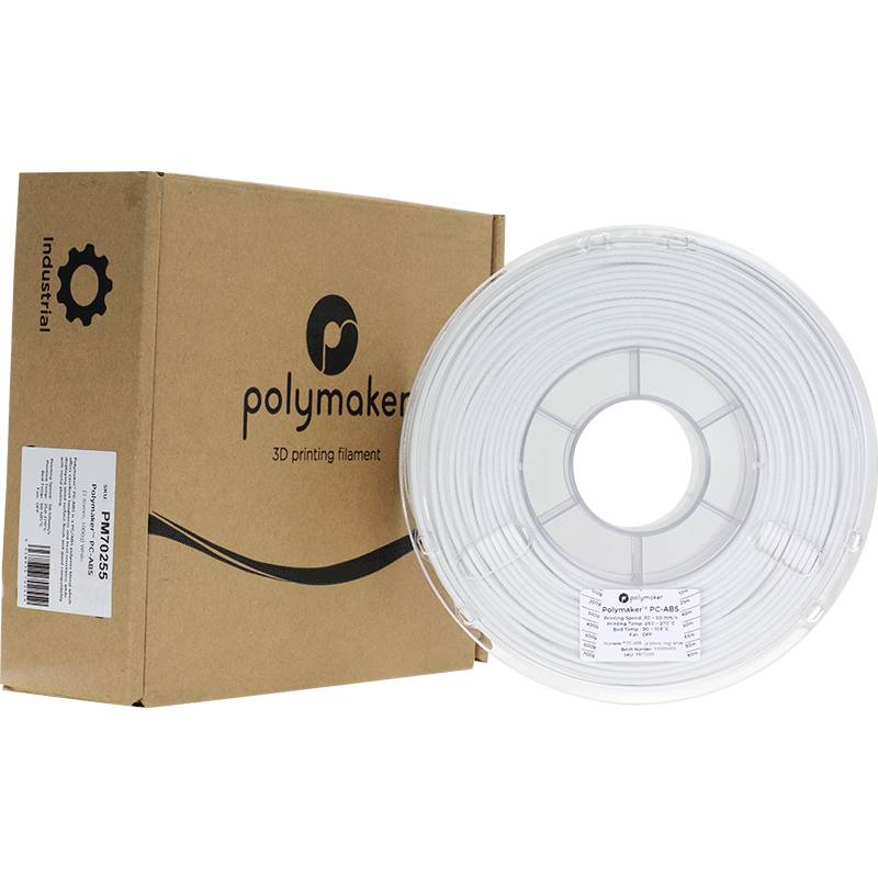 3D printer filament by Polymaker, transparent, with packaging in the background; suitable for industrial use.