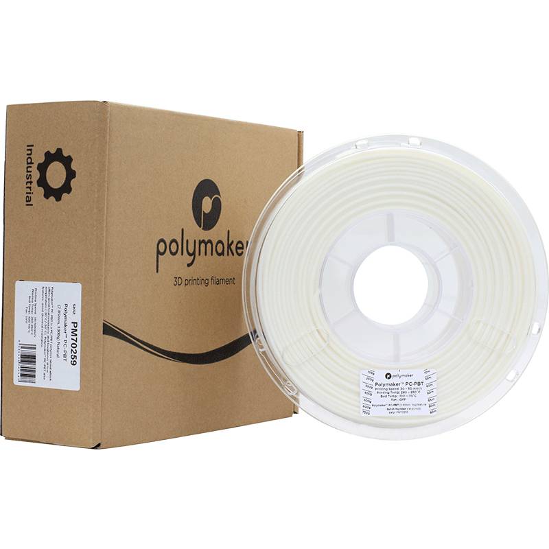 Packaging and reel of 3D printing filament from the Polymaker brand. The reel is semi-transparent, and the filament is light-coloured.