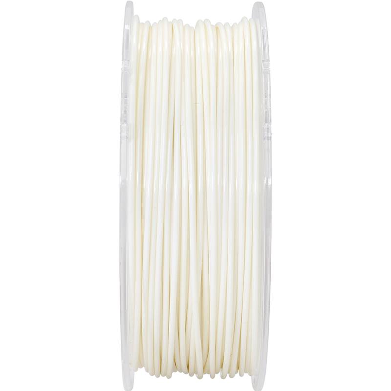 Plastic spool of white 3D printer filament on a transparent reel, photographed from the side.