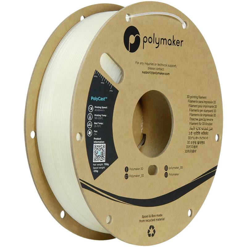 A reel of 3D-printing filament from Polymaker. The packaging is made from recycled material.
