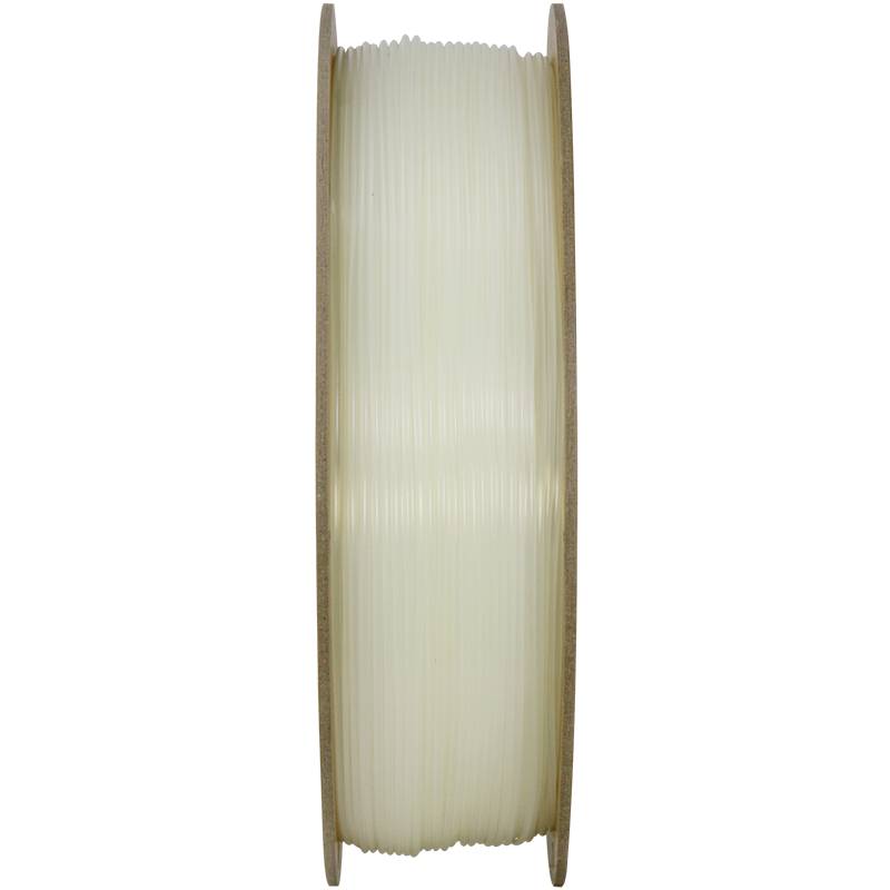 A reel of white 3D printer filament, pictured from the side, suitable for use in 3D printers.