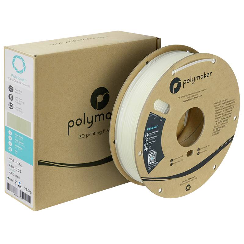 A roll of white 3D printing filament with Polymaker packaging, product name 'PolyCast', suitable for precise printing projects.