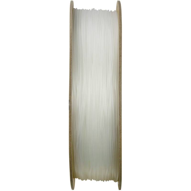 White 3D printer filament reel with wooden spool flanges, shown vertically.
