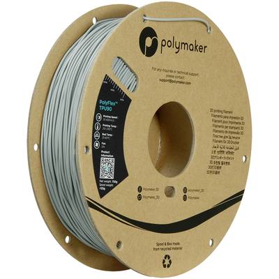 A reel of filament by Polymaker, model 'PolyFlex TPU90', manufactured from recycled material. Includes support contact details.