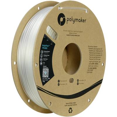 A reel of transparent TPU filament from Polymaker for 3D printing. The reel features logos, contact information, and a QR code.