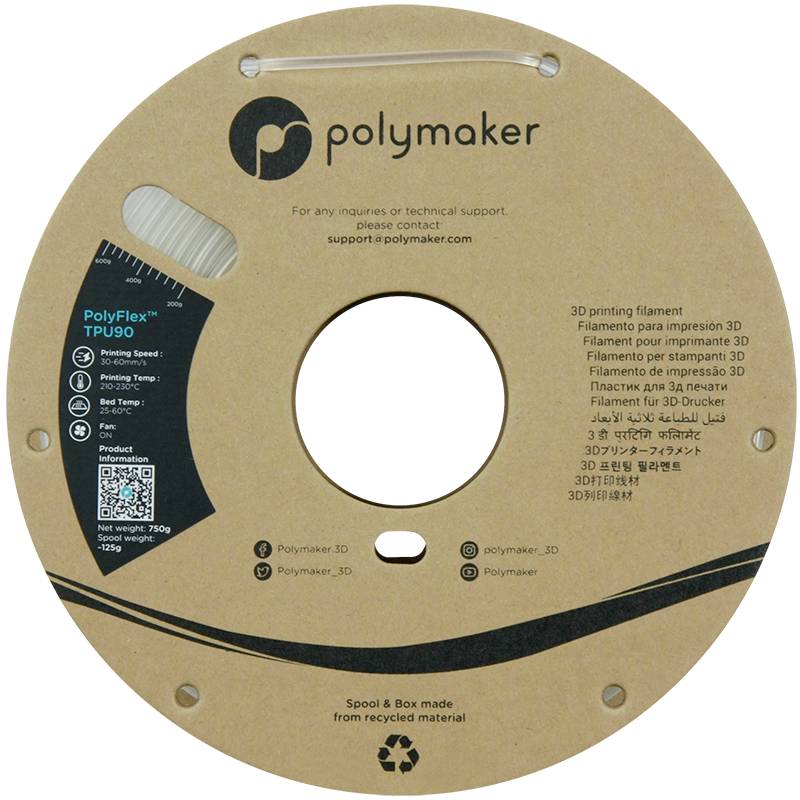 Polymaker logo and contact information on a filament spool. Details on weight and material: PolyFlex™ TPU90, 750g, 3D printer filament.