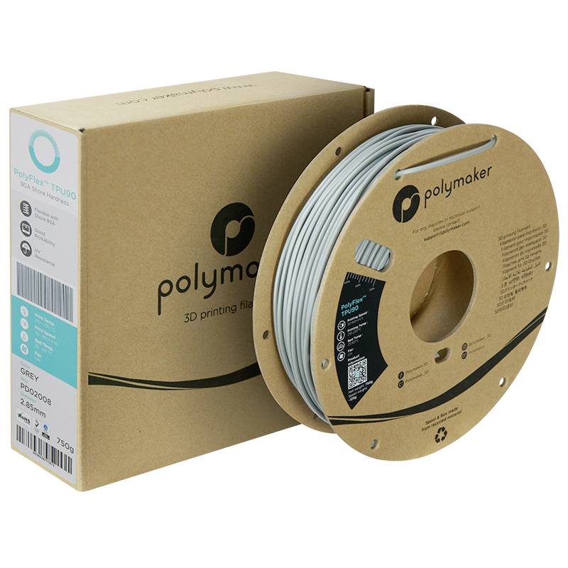 The image shows a roll of grey 3D printer filament in a Polymaker packaging. The filament is made of TPU90, weighing 750g.