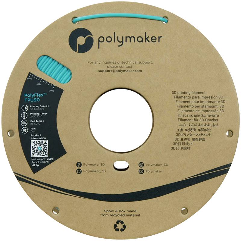 Round filament spool by Polymaker brand with turquoise-coloured filament. Printed labels provide information about material properties and intended use.