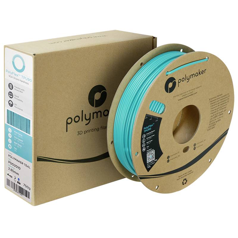 A spool of turquoise 3D printer filament and a packaging box from the Polymaker brand.
